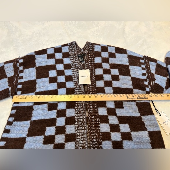 New Forever 21 Cardigan Blue Brown Oversized Checkered Plaid Open Front Size S - Picture 5 of 9